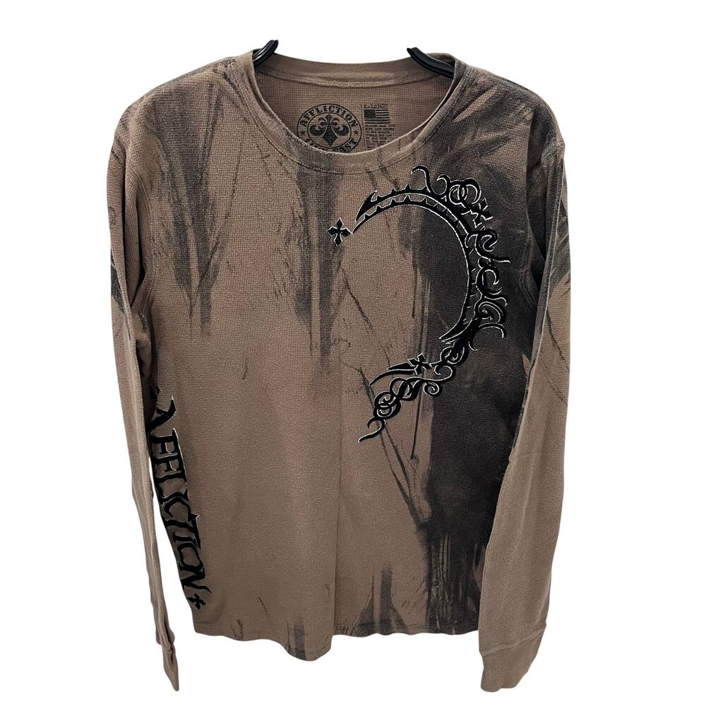 Vintage Affliction Men's XL skulls biker long sleeve tobacco thermal T-shirt
